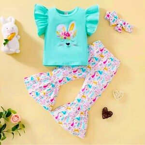 Blue & Pink Spring Bunny Easter Flare Pants Girl Outfit